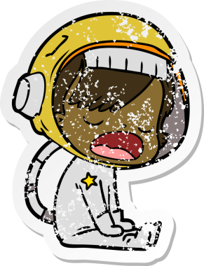 Bir insan tarafından çizilmiş sıkıntılı bir karikatür çıkartması konuşan astronot.