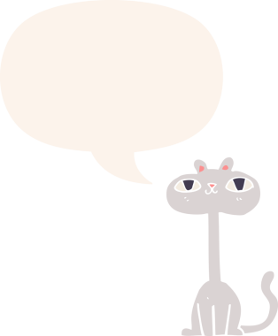 Konuşma baloncuğu olan çizgi film kedisi insan tarafından çizilmiş.