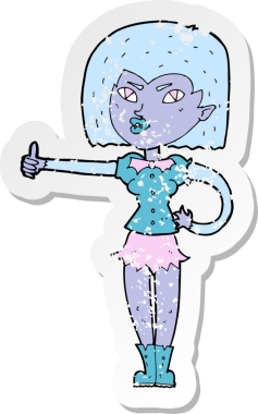 Bir insan tarafından çizilmiş, vampir bir kızın gerilimli retro çıkartması.