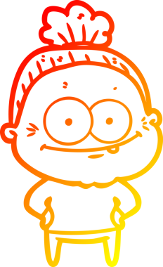 Bir insan tarafından çizilmiş mutlu, yaşlı bir kadının sıcak çizgi çizimi.