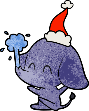 Bir insanın çizdiği Noel Baba şapkasıyla su püskürten bir filin hoş el çizimi karikatürü.