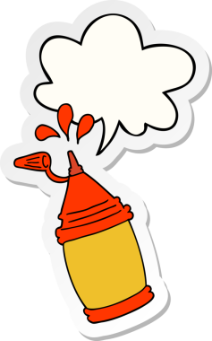 Bir insan tarafından çizilmiş konuşma balonu çıkartmalı ketçap şişesi.