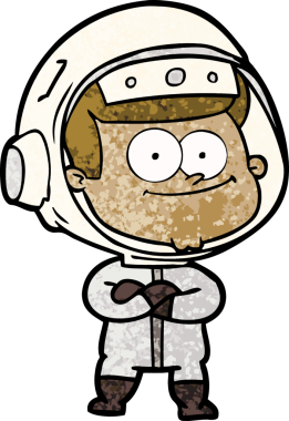 Bir insan tarafından çizilmiş mutlu astronot çizgi filmi.