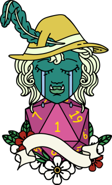 Retro Dövme Tarzı Ağlayan Ork Ozan Karakteri Bir insan tarafından çizilmiş doğal bir D20 rulo