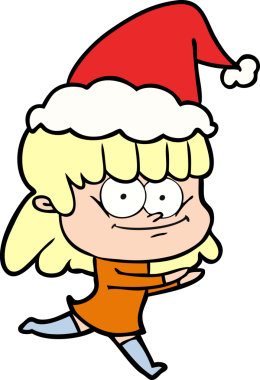 Bir insan tarafından çizilmiş Noel Baba şapkası giyen gülümseyen bir kadının el çizimi.