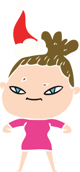 Bir insan tarafından çizilmiş Noel Baba şapkası takan bir kadının düz renkli çizimi.