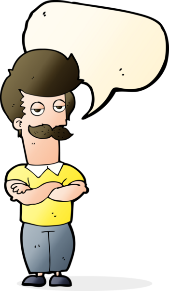 Bir insan tarafından çizilmiş konuşma baloncuğu olan bıyıklı kaslı adam.