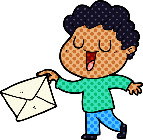 Bir insan tarafından çizilmiş bir mektupla gülen çizgi film adamı.