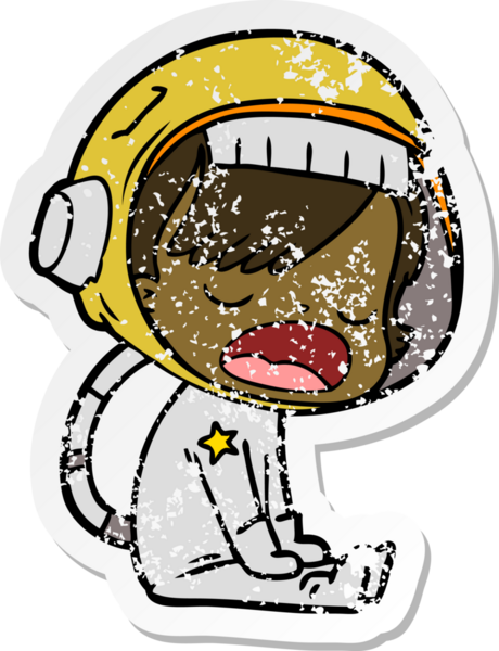 Bir insan tarafından çizilmiş sıkıntılı bir karikatür çıkartması konuşan astronot.