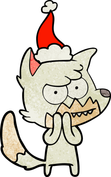 Bir insan tarafından çizilmiş Noel Baba şapkası giymiş sırıtan bir tilkinin el çizimi karikatürü.