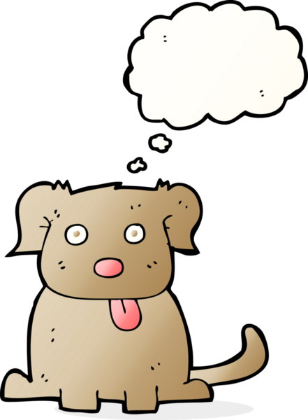 Bir insan tarafından çizilmiş düşünce baloncuklu çizgi film köpeği.