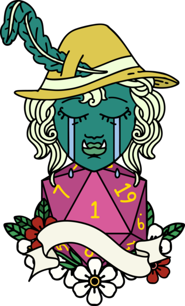 Retro Dövme Tarzı Ağlayan Ork Ozan Karakteri Bir insan tarafından çizilmiş doğal bir D20 rulo