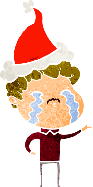 Bir insanın çizdiği Noel Baba şapkasıyla ağlayan bir adamın el çizimi karikatürü.