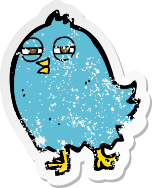 Bir insan tarafından çizilmiş komik bir karikatür kuşunun gerilmiş çıkartması.