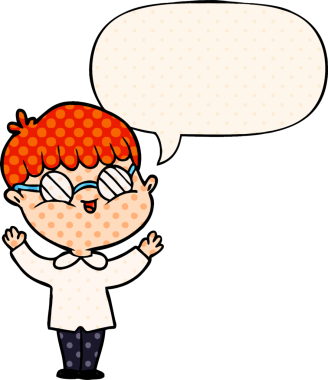 Bir insan tarafından çizilmiş çizgi roman tarzında konuşma balonlu gözlük takan çizgi film çocuğu.