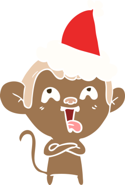 Bir insan tarafından çizilmiş Noel Baba şapkası takan bir maymunun düz renk çizimi.