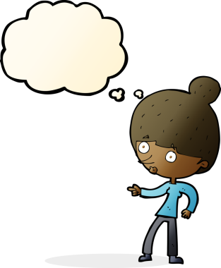 Bir insan tarafından çizilmiş düşünce balonuyla işaret eden çizgi film kadını.