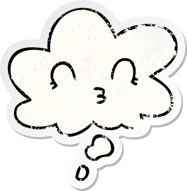 Düşünce baloncuklu mutlu çizgi film yüzü bir insan tarafından çizilmiş yıpranmış bir çıkartma gibi.