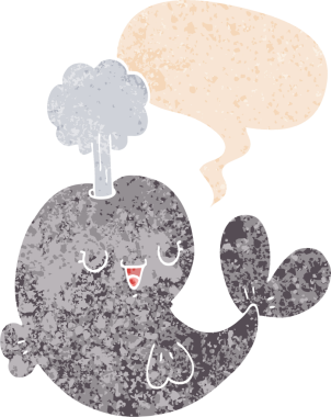 Bir insan tarafından çizilmiş grunge dertli retro tarzı konuşma balinası ile çizgi film balinası