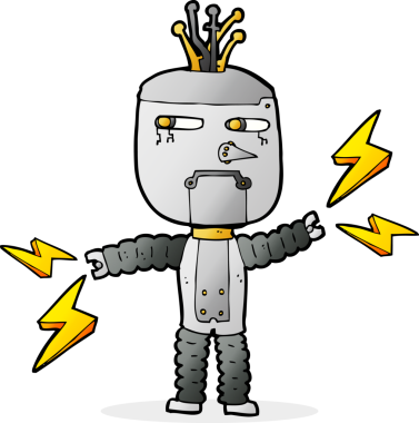 Bir insan tarafından çizilmiş düşünce baloncuklu çizgi film robotu.