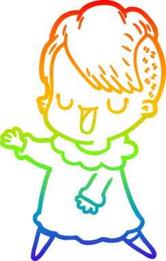 Gökkuşağı gradyan çizimi. Hipster saç kesimi bir insan tarafından çizilmiş şirin bir çizgi film kızı.