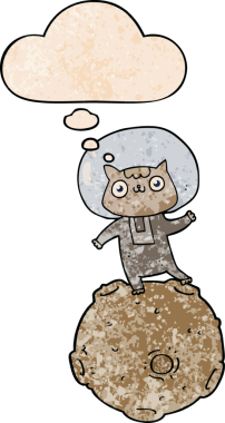 Bir insan tarafından çizilmiş grunge desenli düşünce baloncuğu olan sevimli astronot kedisi.