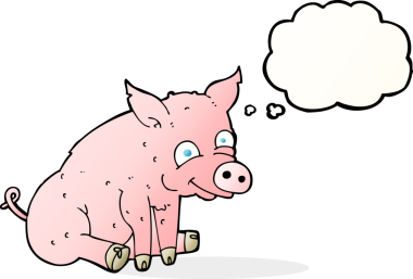 Bir insan tarafından çizilmiş düşünce baloncuklu mutlu domuz.