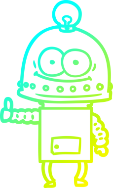 Bir insan tarafından çizilmiş ampullü mutlu bir robot çizimi.