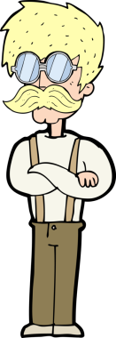 Bir insan tarafından çizilmiş bıyıklı ve gözlüklü hippi çizgi film karakteri.