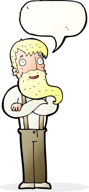 Bir insan tarafından çizilmiş konuşma balonu olan sakallı hippi adam.