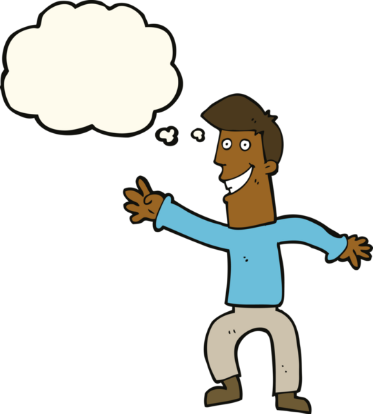 Bir insan tarafından çizilmiş düşünce baloncuğuyla dans eden mutlu adam çizgi filmi.