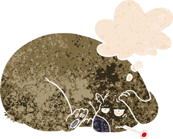 Çizgi film ayısı, kafası ağrıyan bir insan tarafından çizilmiş, grunge 'deki düşünce baloncuğuyla sıkıntılı bir retro tarzı var.