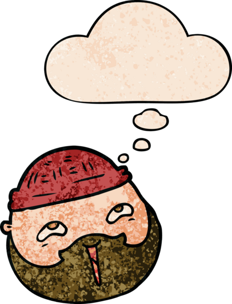 çizgi film erkek yüzü sakallı ve insan tarafından çizilmiş grunge desenli düşünce baloncuklu.