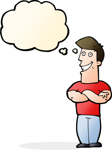 Bir insan tarafından çizilmiş düşünce baloncuğu ile sırıtan çizgi film adamı.