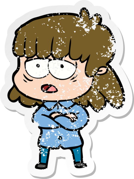 Bir insan tarafından çizilmiş yorgun bir karikatür çıkartması.