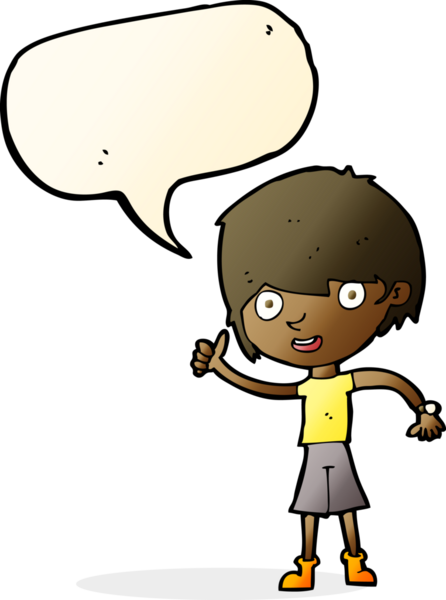 Bir insan tarafından çizilen konuşma baloncuğuyla pozitif tavırlı çizgi film çocuğu.