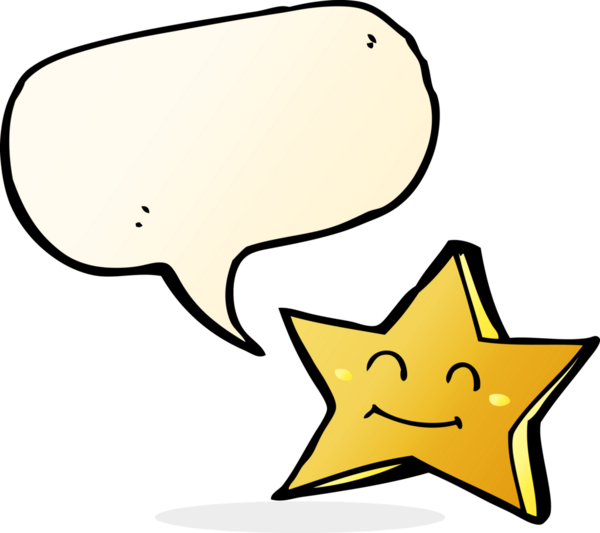 bir insan tarafından çizilmiş konuşma balonu olan mutlu bir yıldız karakteri.