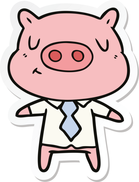 Bir insan tarafından çizilmiş tişörtlü ve kravatlı domuz etiketi.