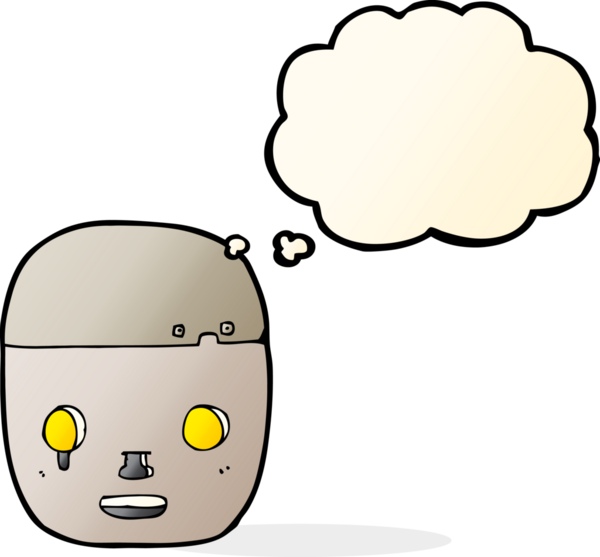 Bir insan tarafından çizilmiş düşünce baloncuklu robot kafası.