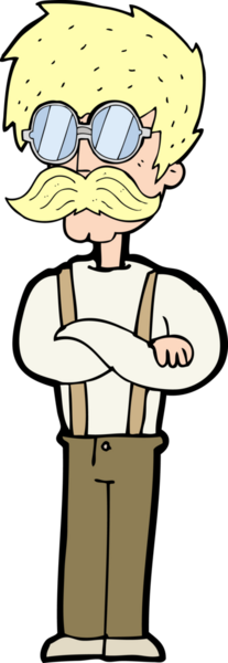 Bir insan tarafından çizilmiş bıyıklı ve gözlüklü hippi çizgi film karakteri.