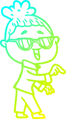 Bir insan tarafından çizilmiş gözlük takan mutlu bir kadının çizgi film çizimi.