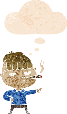 Düşünce baloncuğuyla sigara içen çizgi film adamı, bir insan tarafından çizilmiş dertli retro tarzı.