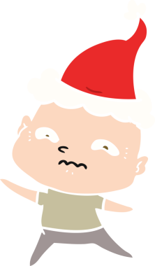 Bir insan tarafından çizilmiş Noel Baba şapkası giyen gergin bir adamın düz renkli çizimi.