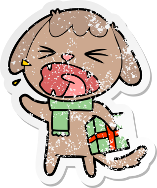 Bir insan tarafından çizilmiş noel hediyeli şirin bir köpeğin sıkıntılı çıkartması.