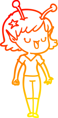 Bir insan tarafından çizilmiş mutlu bir uzaylı kız çizgi filmi.