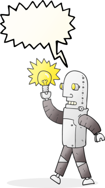 Bir insan tarafından çizilmiş ampullü serbest konuşma balonu çizgi film robotu.