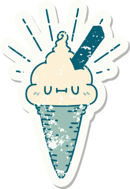 Bir insan tarafından çizilmiş dövmeli dondurma karakterinin eski bir çıkartması.