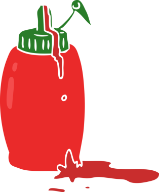 Bir insan tarafından çizilmiş düz renkli ketçap şişesi.