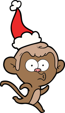 Şaşırmış bir maymunun insan tarafından çizilmiş Noel Baba şapkası giydiği el çizimi.