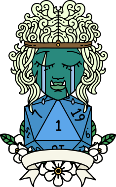 Retro Dövme Tarzı Ağlayan Ork Barbar Karakteri Bir insan tarafından çizilmiş doğal D20 rulosu